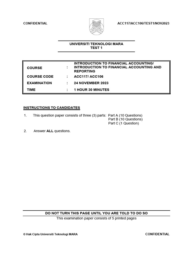 Nov2023 Acc117 Acc106 Test 1 Q | PDF | Debits And Credits | Banks