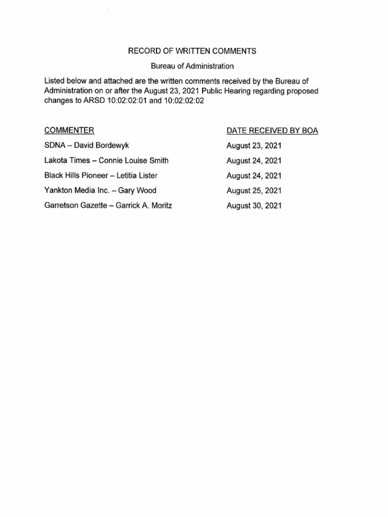 09 07 2021 - Record of Written Comments | PDF