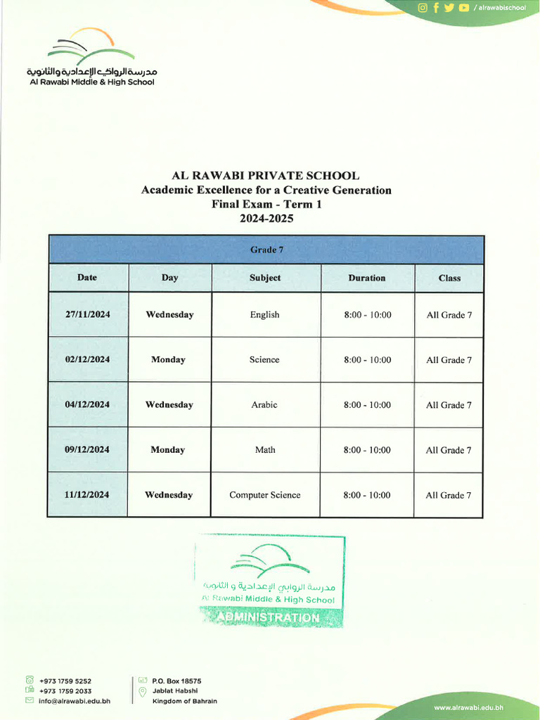Grade 7 - Schedule & Final Exam Portion | PDF