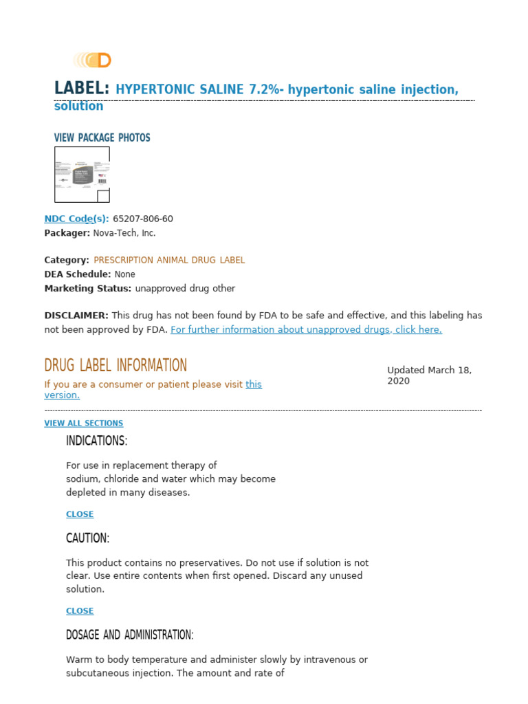 Hypertonic Saline Injection for Animals | PDF | Saline (Medicine ...