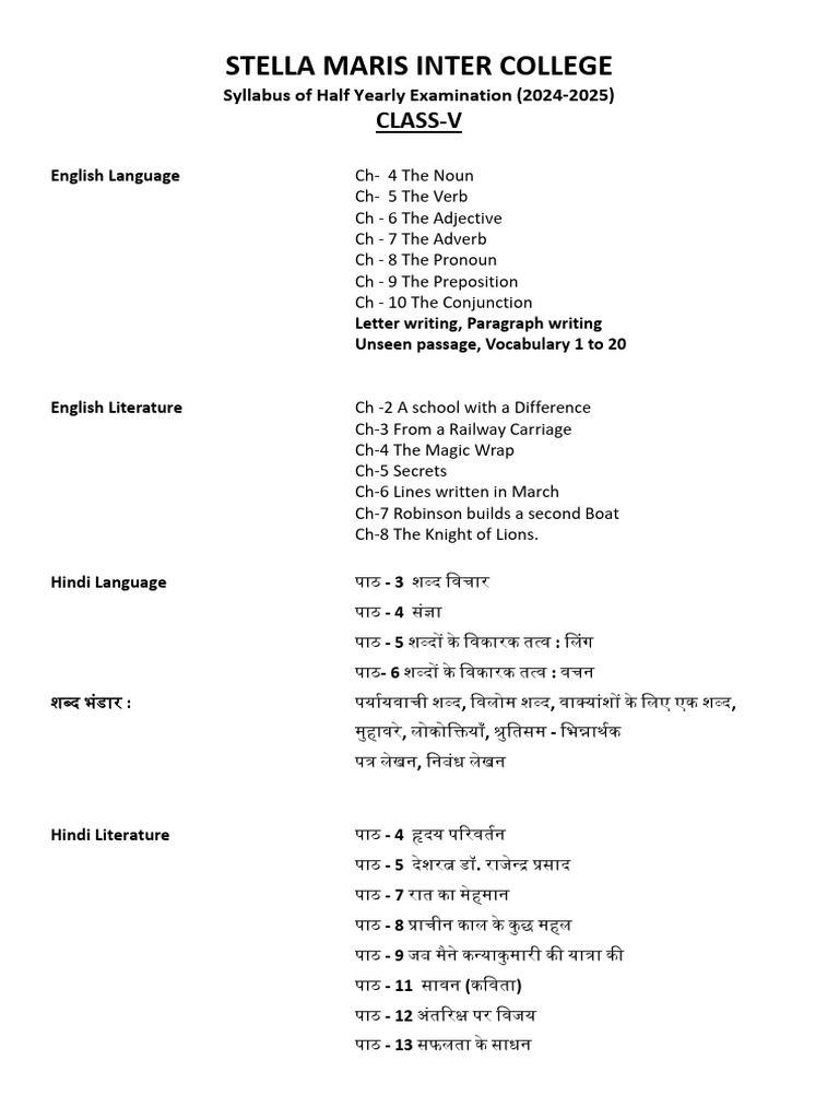 Class 5 Half Yearly Syllabus | PDF | English Language | Linguistics