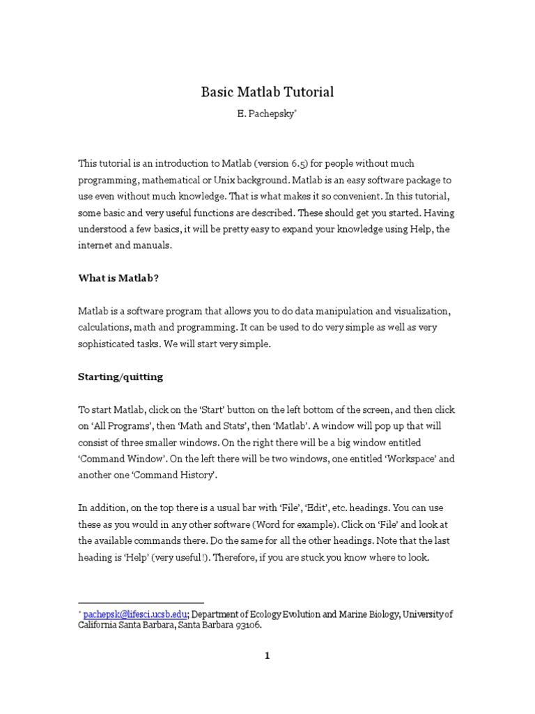 Basic Matlab Tutorial: Pachepsk@lifesci - Ucsb.edu | PDF | Matlab ...