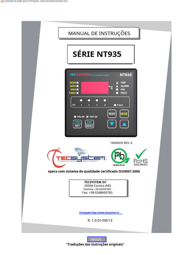 Manual de Instruções NT935 - TECSYSTEM | PDF | Relé | Fonte de energia