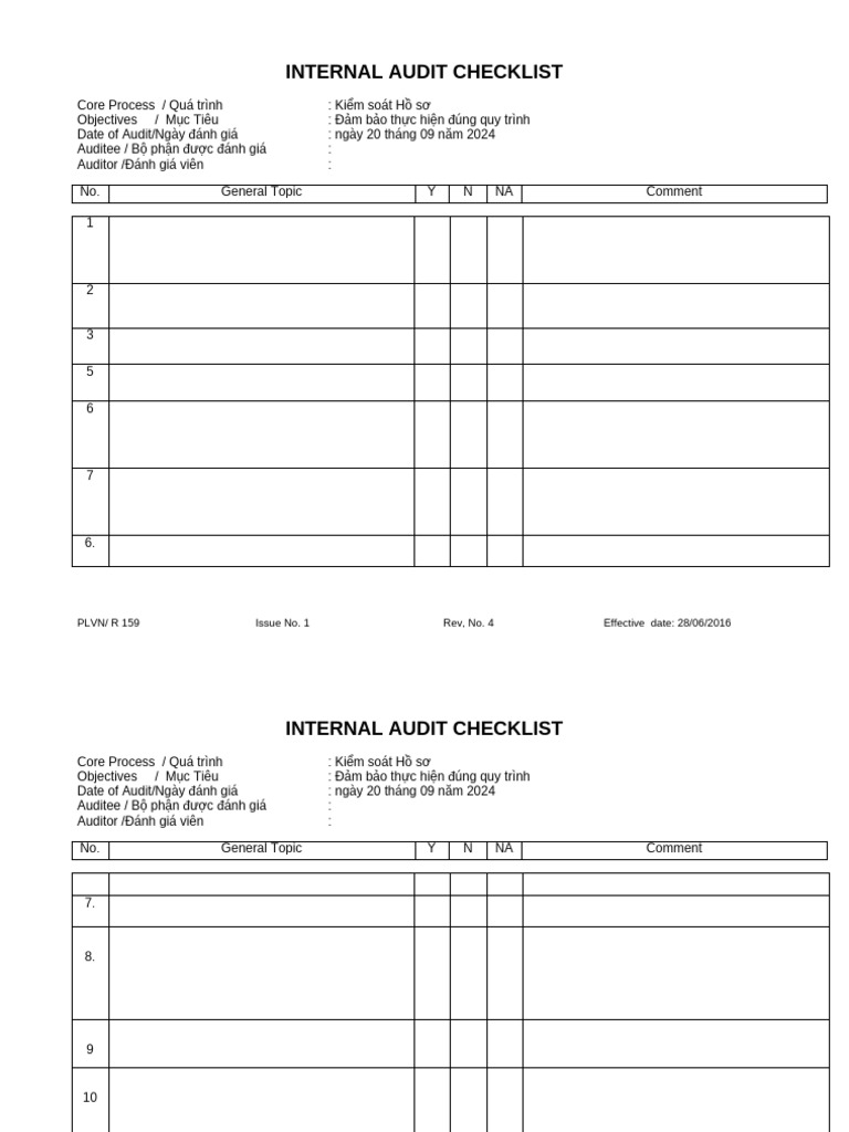 Check List Đánh Giá Nội Bộ - Internal Audit Checklist | PDF
