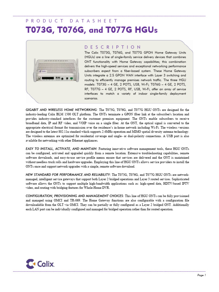 HGUs - CALIX - T073G_T076G_T077G | PDF | Computer Network | Wi Fi