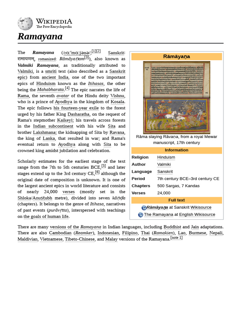 Overview of the Ramayana Epic | PDF | Ramayana | Rama