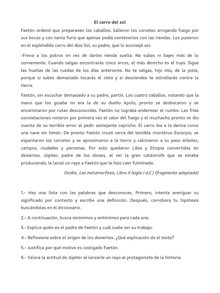 Faetón y el carro del sol: un mito trágico | PDF