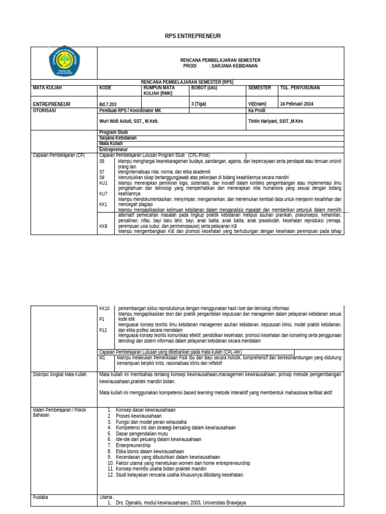 RPS Kewirausahaan Sarjana Kebidanan | PDF