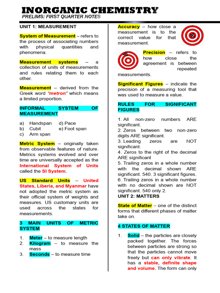 Inorganic Chemistry Measurement Notes | PDF | Gases | Chemical Substances