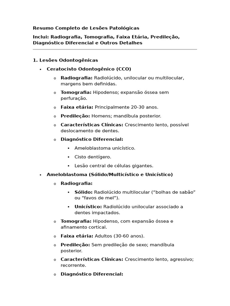 Resumo Completo de Lesões Patológicas | PDF | Medicina Clínica ...