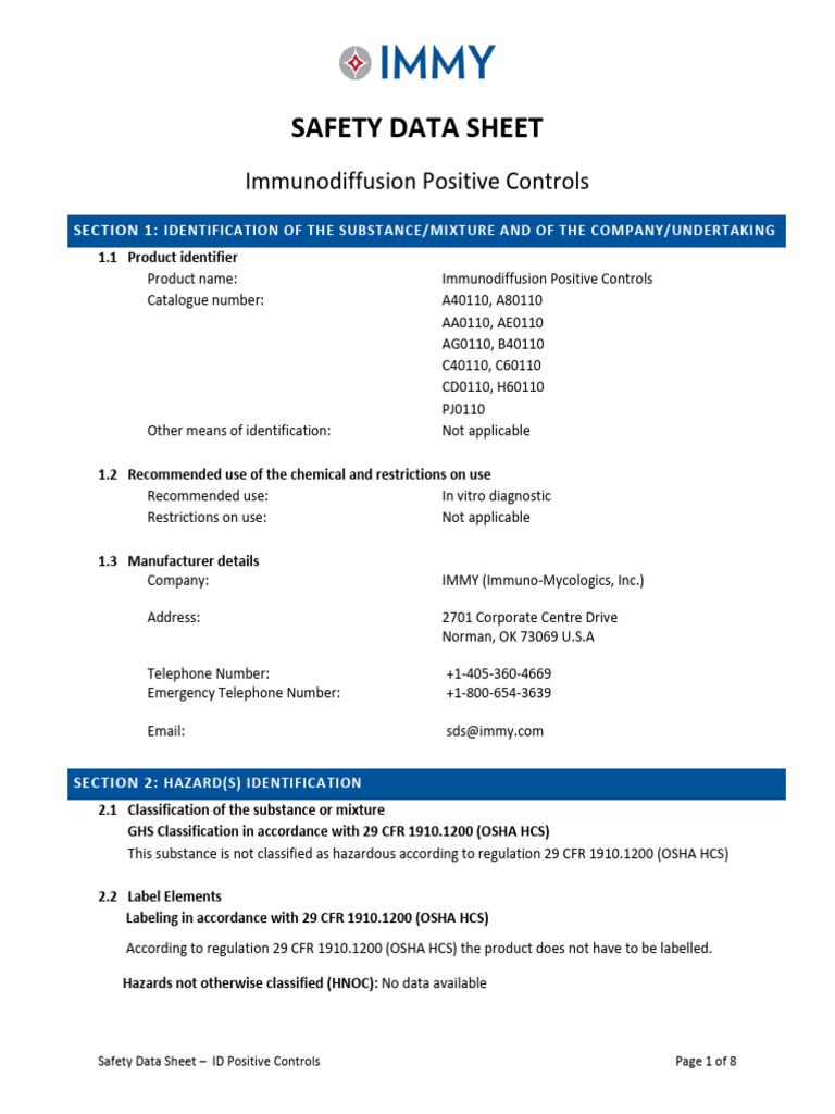 ID Positive Controls - SDS - GHS | PDF | Chemistry | Workplace