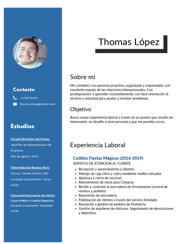CV Thomas Lopez | PDF | Servicio al Cliente