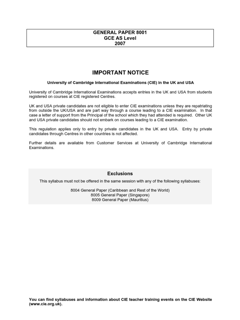 General Paper 8001 GCE AS Level 2007: Syllabus and Examination ...