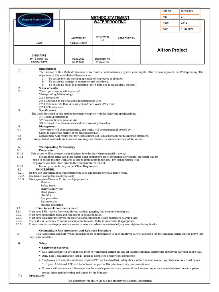 MS- Waterproofing | PDF | Personal Protective Equipment | Occupational ...