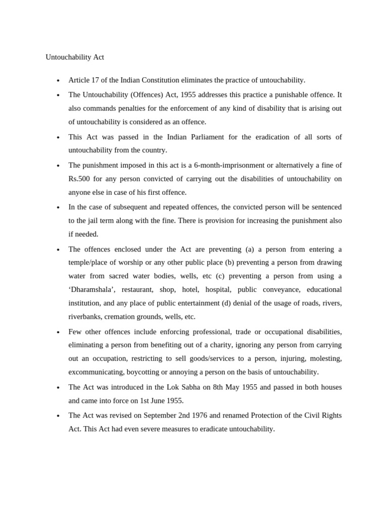 Untouchability Act Overview and Penalties | PDF
