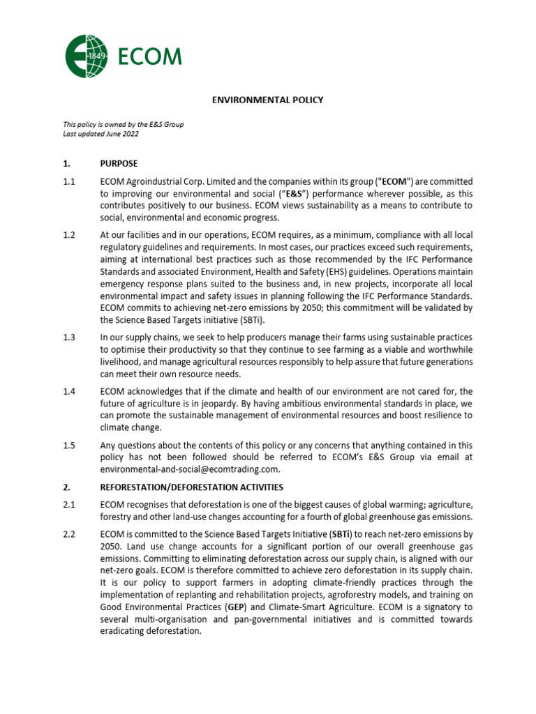 ECOM's Environmental Policy Overview | PDF | Pesticide | Deforestation