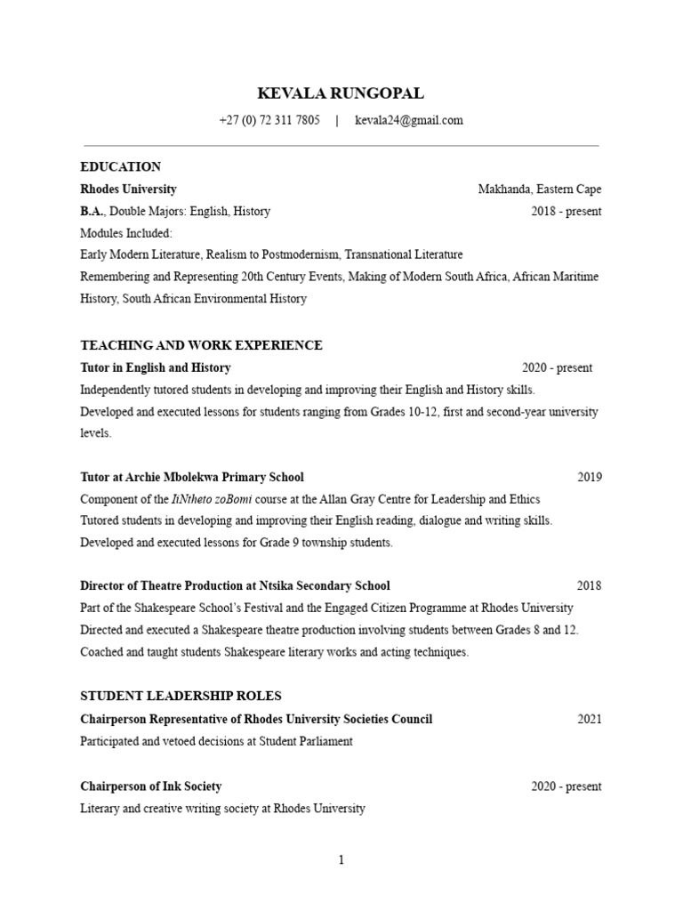 Kevala Rungopal: English & History Tutor | PDF