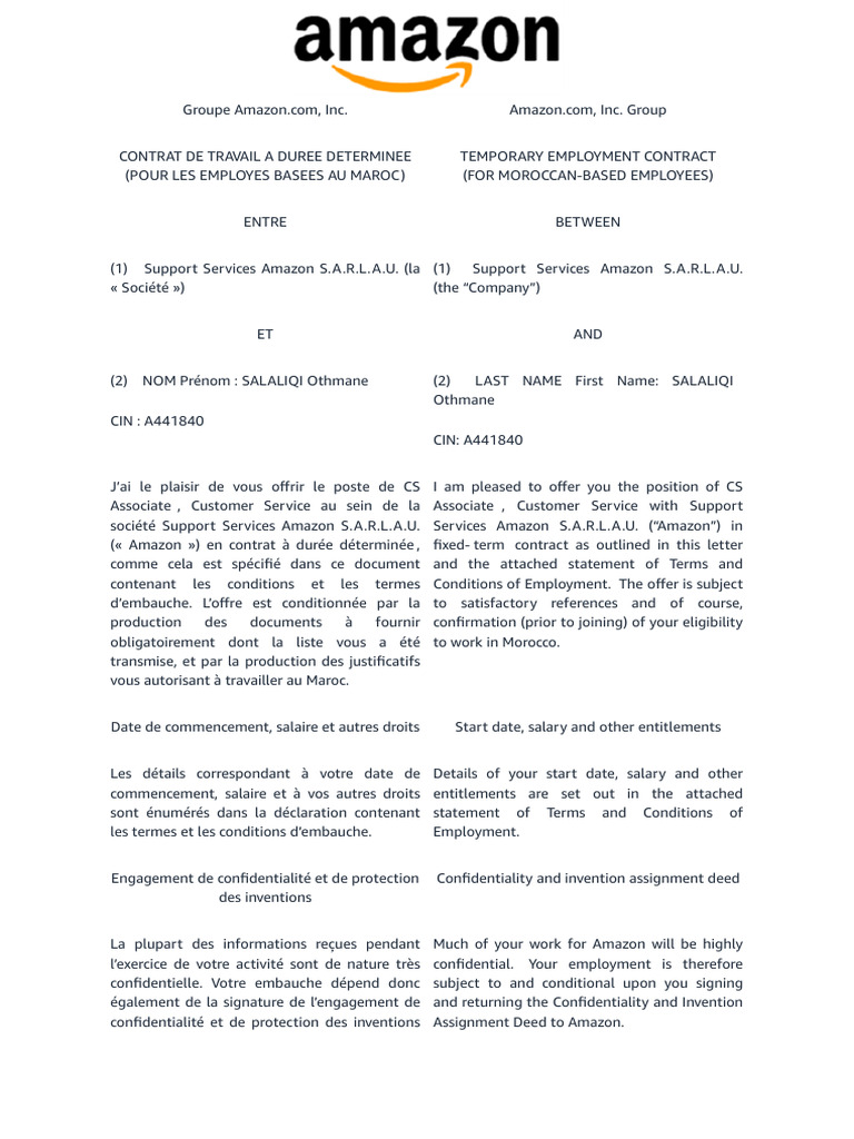 Contrat de travail temporaire Amazon Maroc | PDF | Business