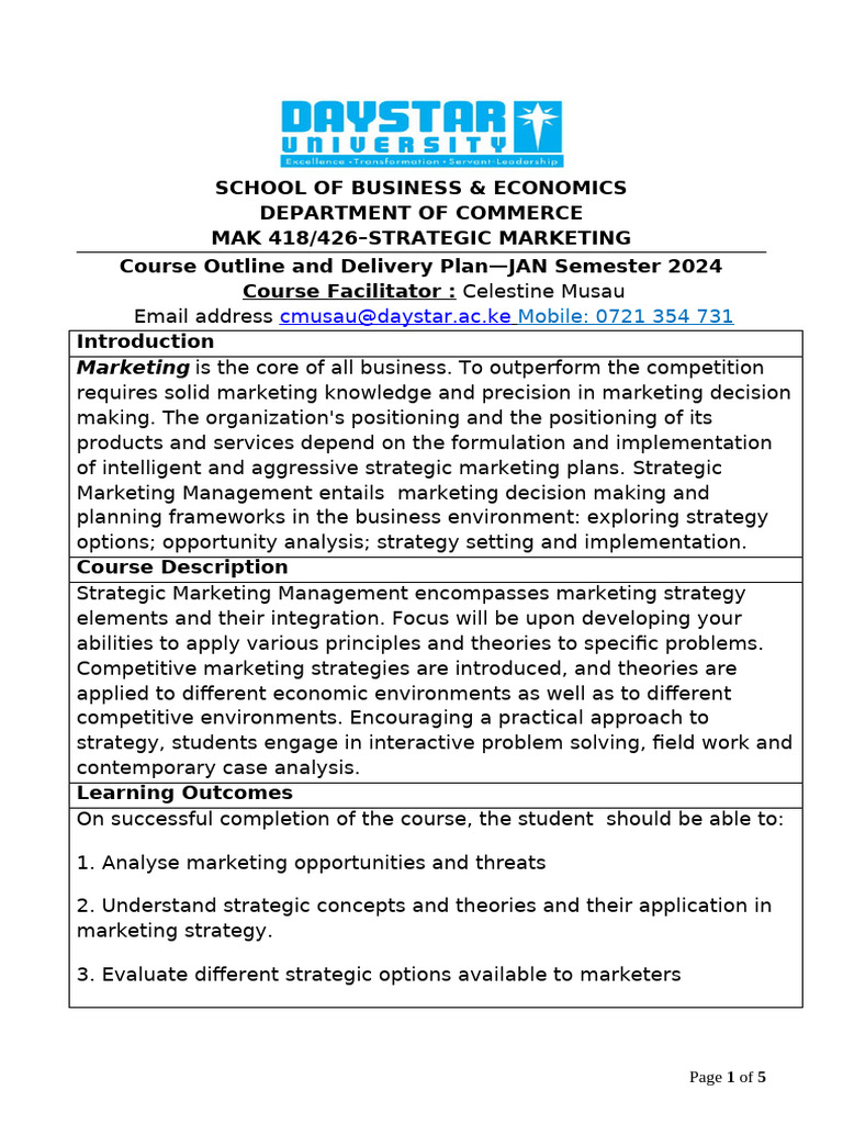 Strategic Marketing Course Outline 2024 | PDF | Marketing Strategy ...
