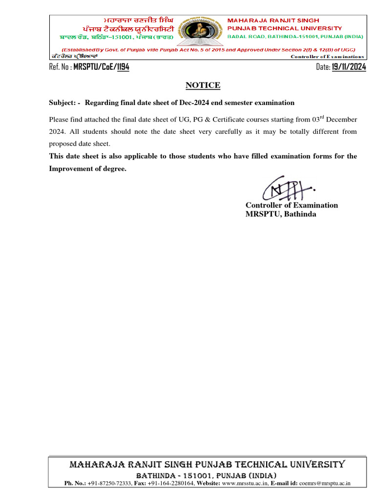 Regarding Final Date Sheet of Dec-2024 End Semester Examination | PDF ...