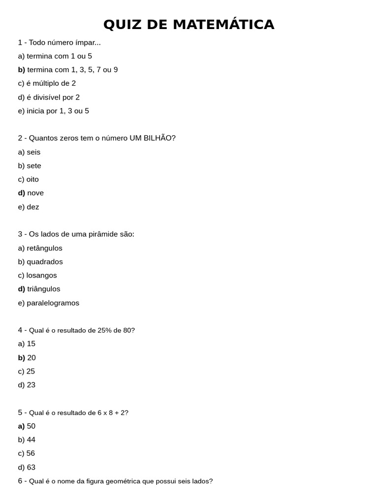 Quiz de Matemática: Perguntas e Respostas | PDF