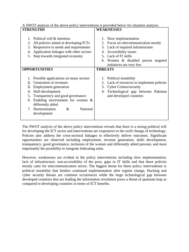 ICT Policy SWOT Analysis | PDF | Policy | Information And ...