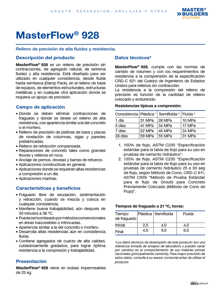 Relleno de precisión MasterFlow® 928 | PDF | Hormigón | Cemento