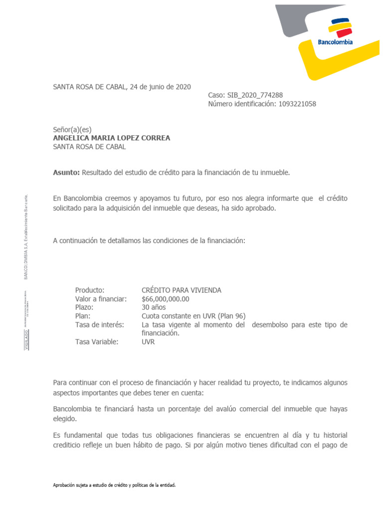 Aprobación de crédito para vivienda en UVR | PDF | Crédito | Finanzas y ...
