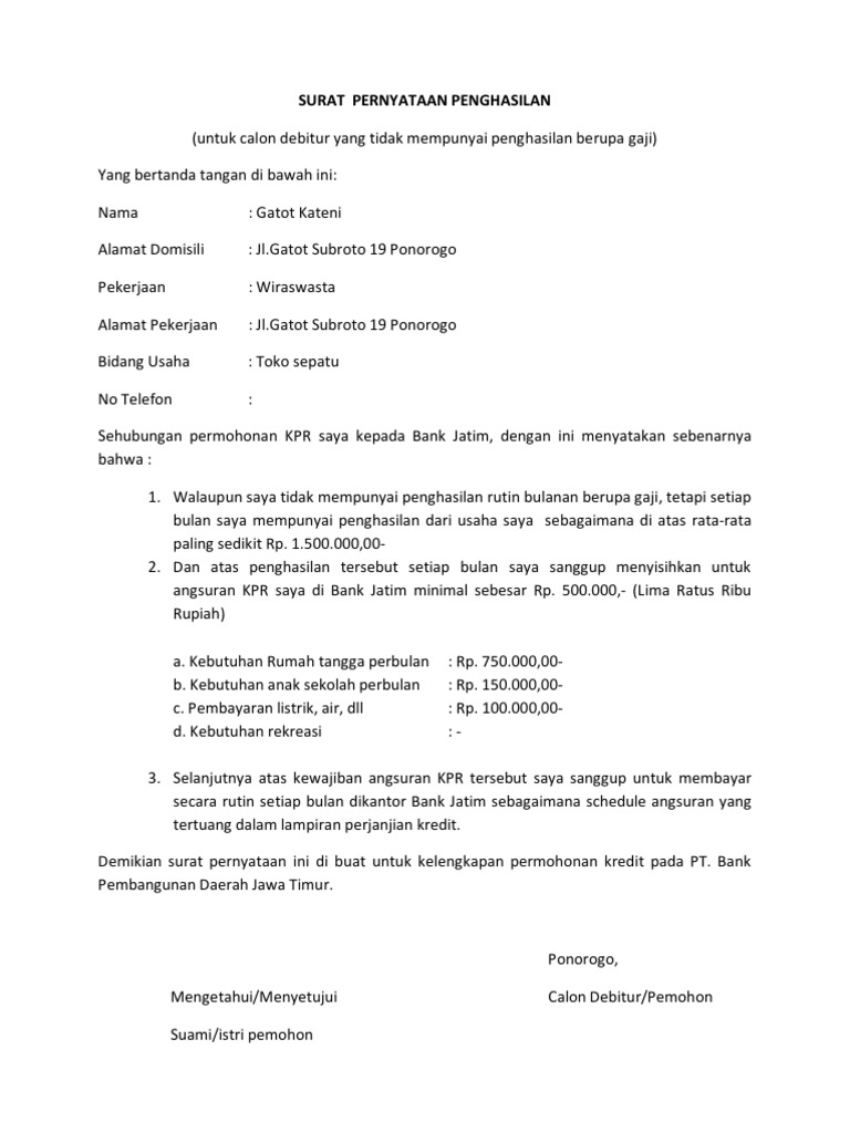 Surat Pernyataan Penghasilan