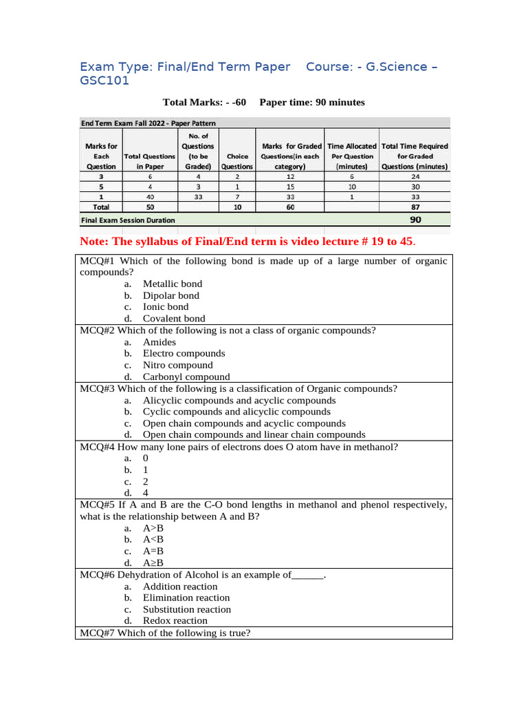GSC101 Final Term Sample Paper | PDF | Chemical Bond | Chemical Compounds