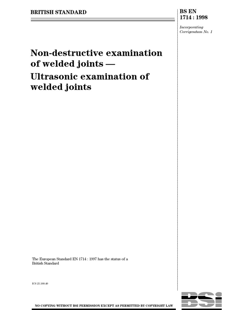 BS en 1714-98 - Ultrasonic Examination of Weld Joint | PDF ...