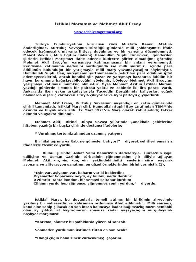 Stiklal Marşımız Ve Mehmet Akif Konuşma Metni (Ahmet TOK) | PDF