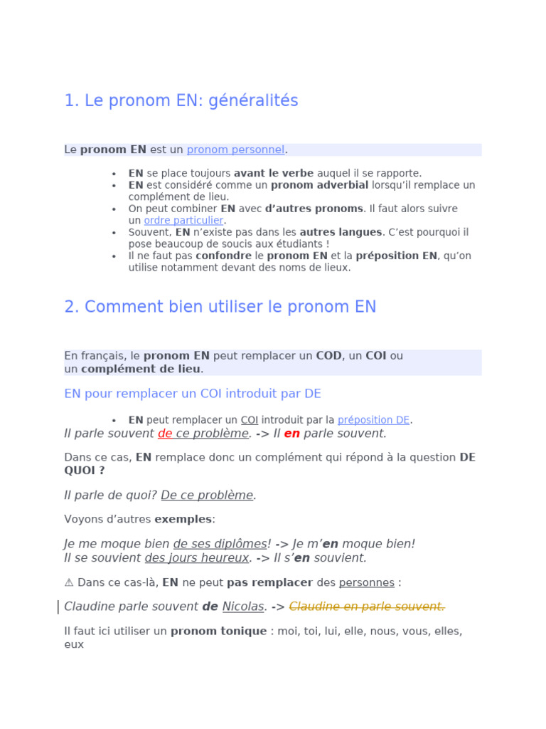 Utilisation du pronom EN en français | PDF | Pronom | Complément d'objet