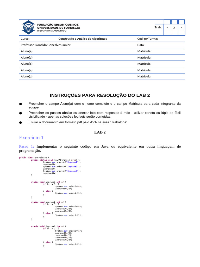 Análise de Algoritmos em Java: Lab 2 | PDF | Java (linguagem de ...