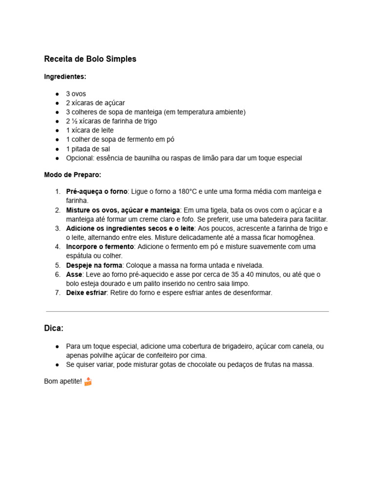 Bolo Simples: Receita Fácil e Rápida | PDF