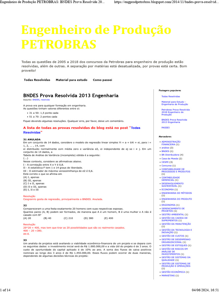 Provas Resolvidas de Engenharia Petrobras | PDF | Custo de capital ...