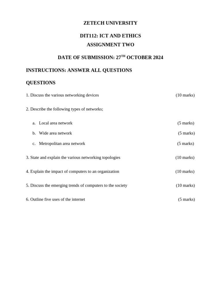 ICT and Ethics Assignment on Networking | PDF
