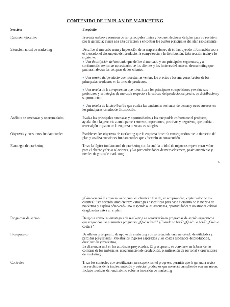 Contenido del Plan de Marketing | PDF | Marketing | Presupuesto