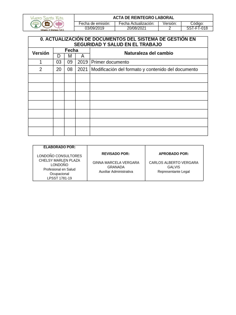 Acta de Reintegro Laboral SST-FT-018 | PDF