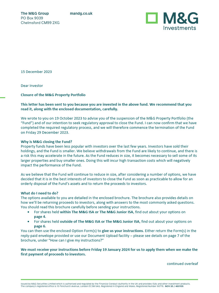 Closure of M&G Property Portfolio Notice | PDF | Investment Fund ...