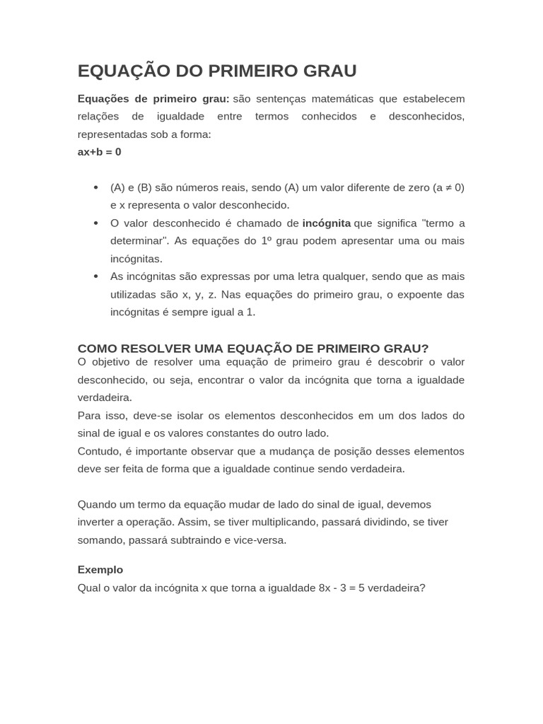 EQUAÇÃO DO PRIMEIRO GRAU | PDF | Equações | Matemática