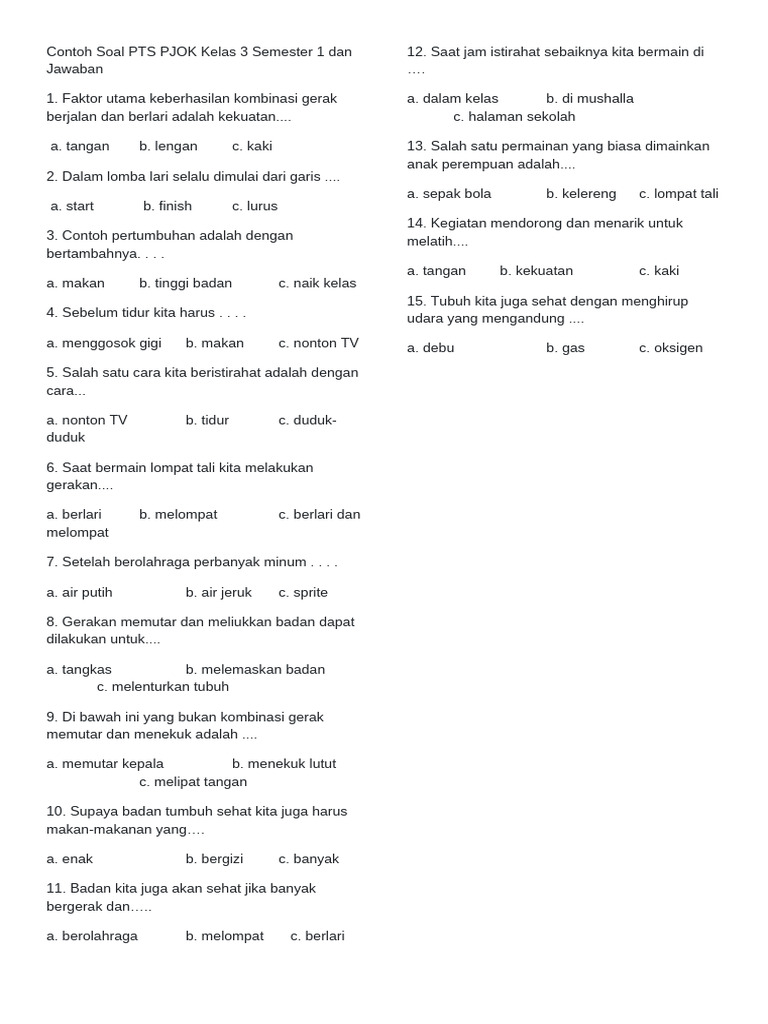 Soal PTS PJOK Kelas 3 Semester 1 | PDF
