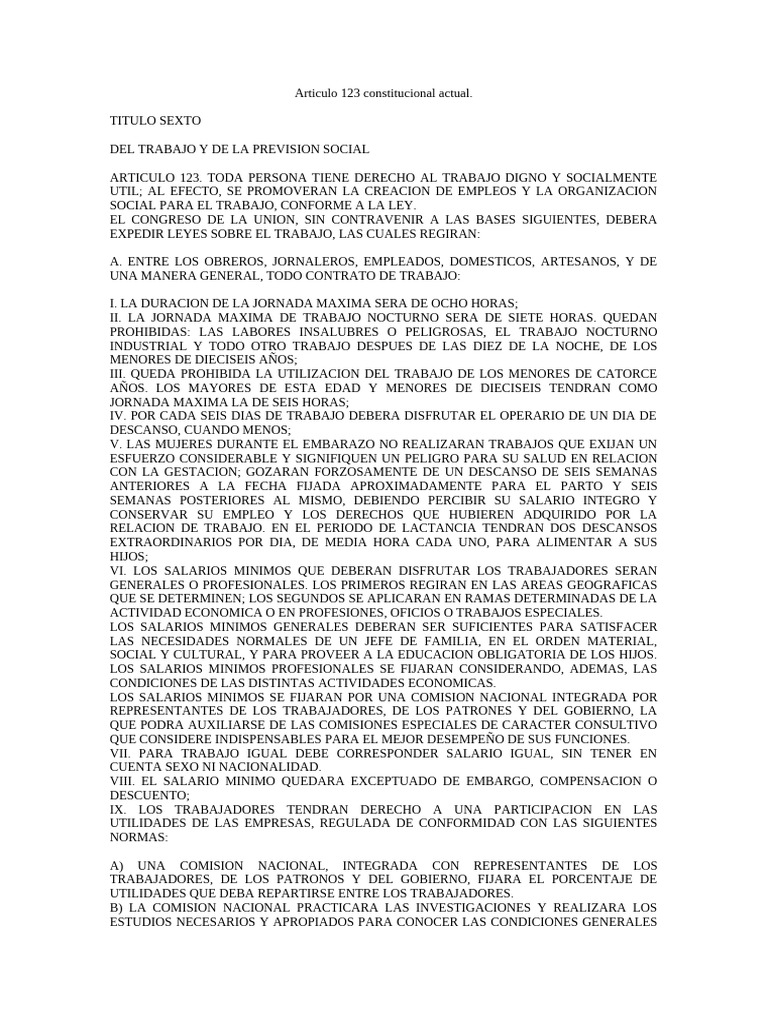 Articulo 123 Constitucional Actual | PDF | Salario | Salario mínimo