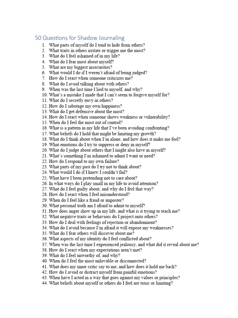 50 Questions for Shadow Journaling | PDF | Social Psychology | Emotions