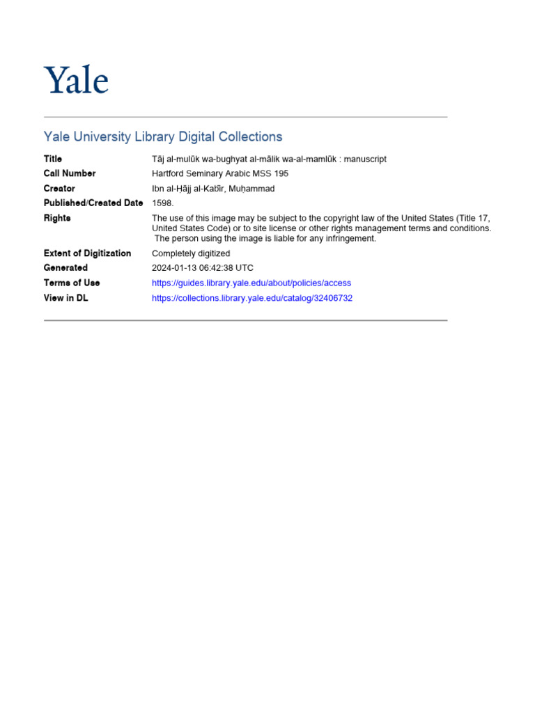 Taj Al Muluk Wa Bughyat Al Malik Wa Al Mamluk PDF Ibn Al H Ajj Al Kabir