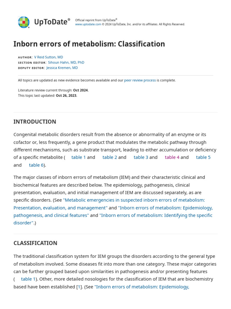Inborn Errors of Metabolism - Classification - UpToDate 2024 | PDF ...