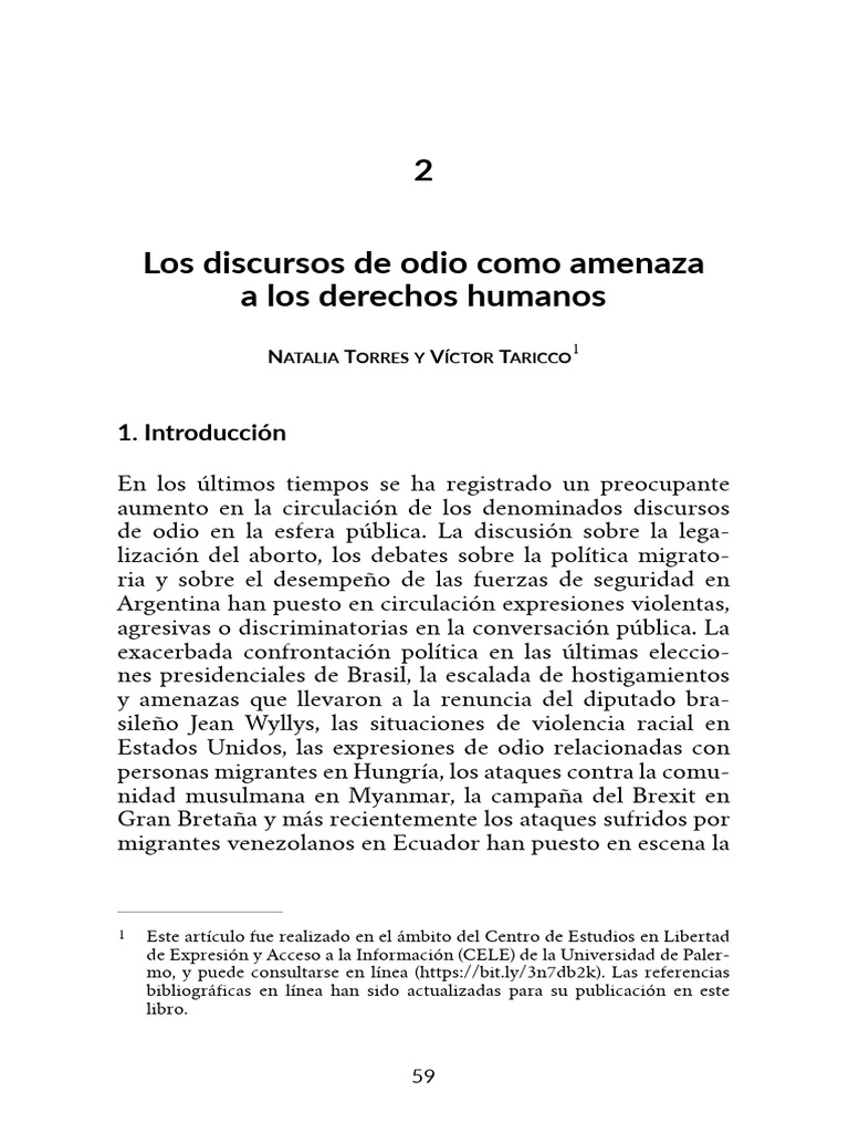 TORRES, N. y TARICCO, V. - Cap. 2 "Los Discursos de Odio Como Amenaza A ...