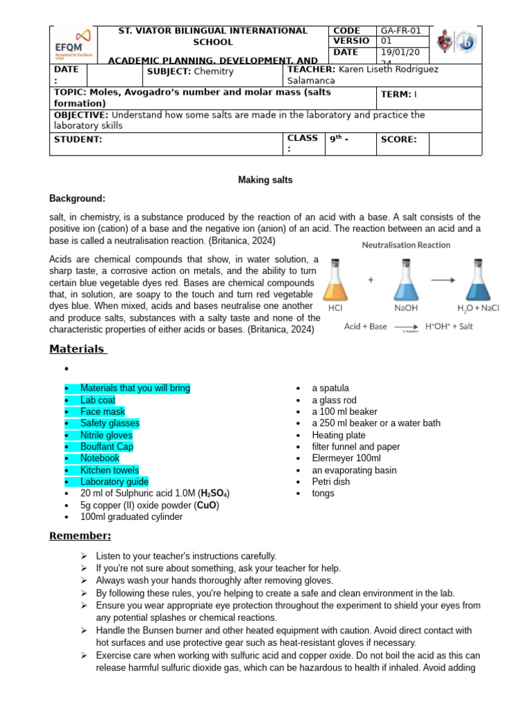 LAB+PRACTICE+-+SALTS+FORMATION | PDF | Salt (Chemistry) | Sulfuric Acid