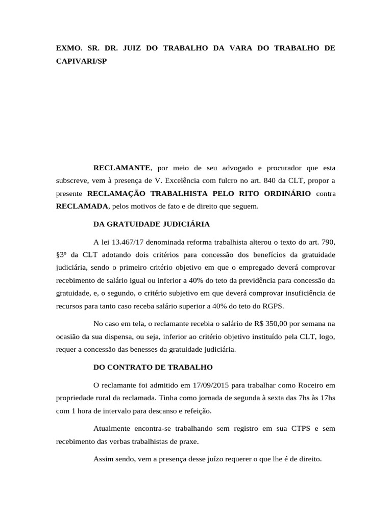 Reclamação Trabalhista de Roceiro em SP | PDF | Férias trabalhistas ...