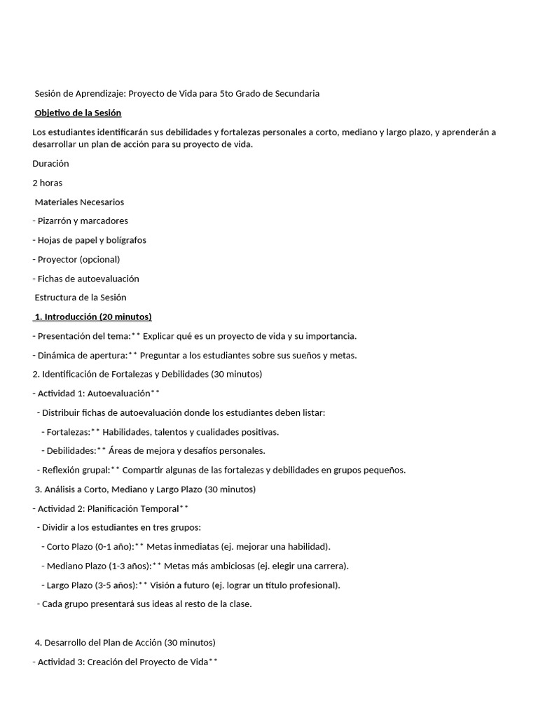 Sesión de Aprendizaje Proyecto de Vida | PDF | Evaluación ...